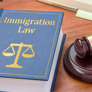Immigration law book and gavel in California for court process
